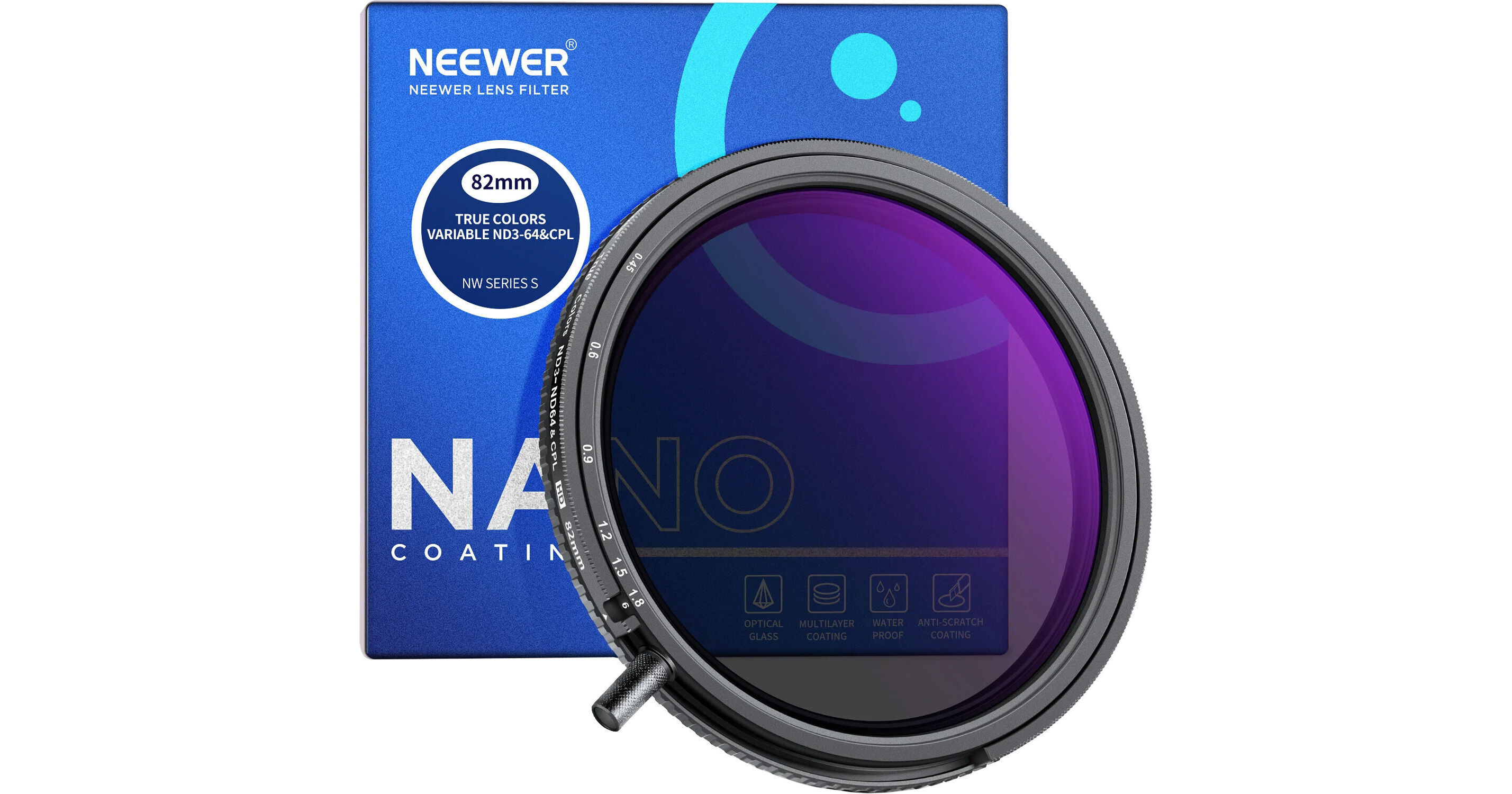 Neewer NW SERIES S ND3-64 (1.5-6 Stops) True Colors Variable ND & CPL Filter 82mm