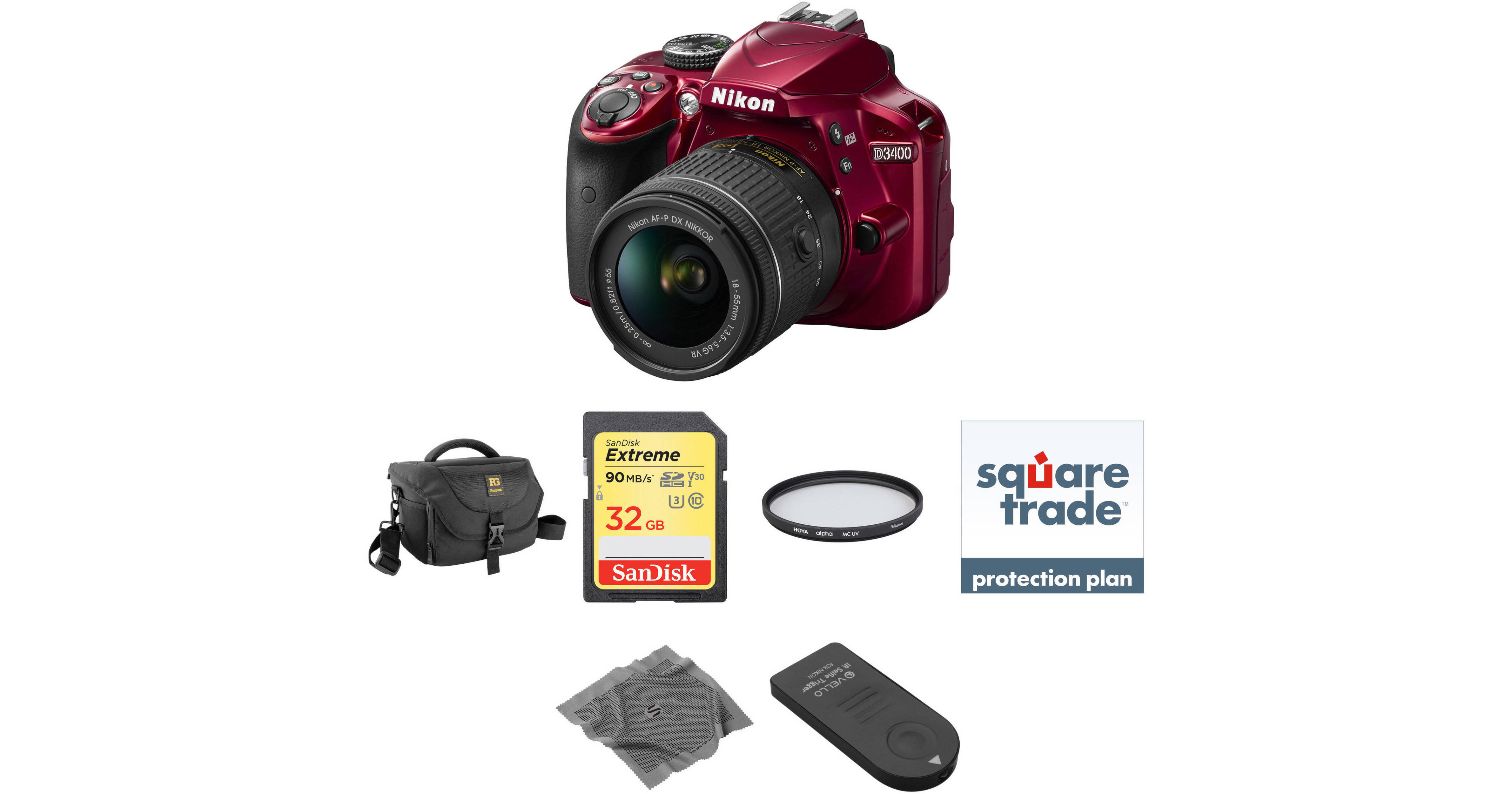 Nikon D3400 DSLR Camera with 18-55mm Lens Deluxe Kit (Red) B&H
