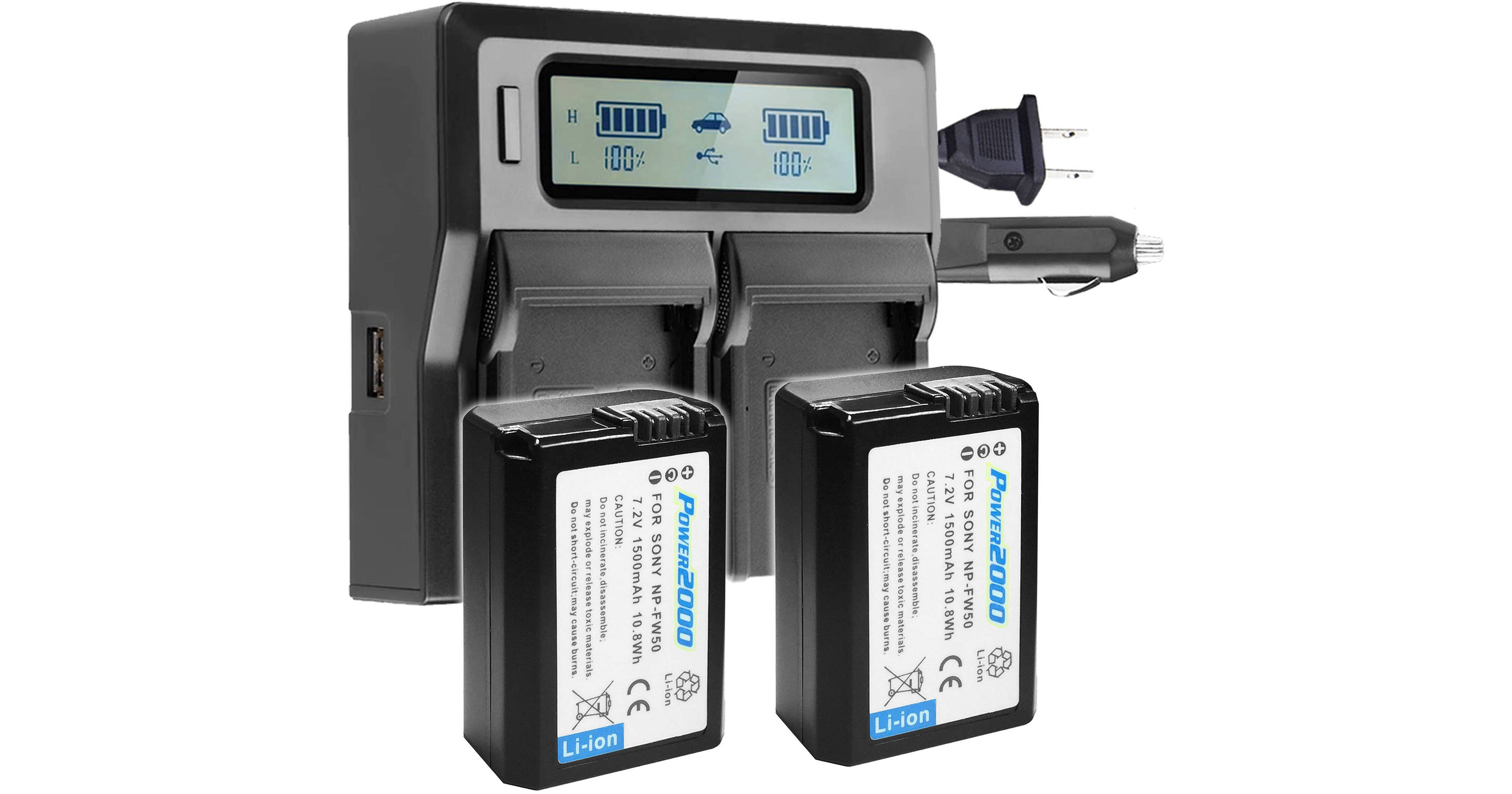 Power2000 Sony NP-FW50 Batteries & Dual-Bay LCD NP-FW502BC B&H