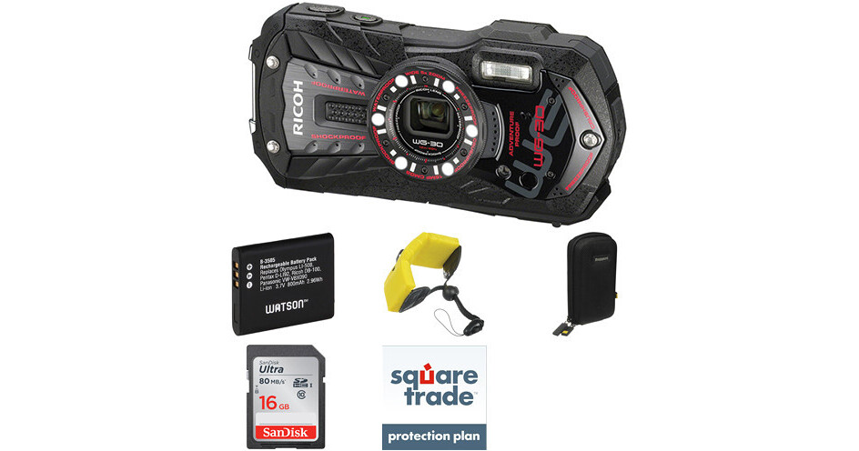 Ricoh WG-30 Digital Camera Deluxe Kit (Ebony Black) B&H Photo