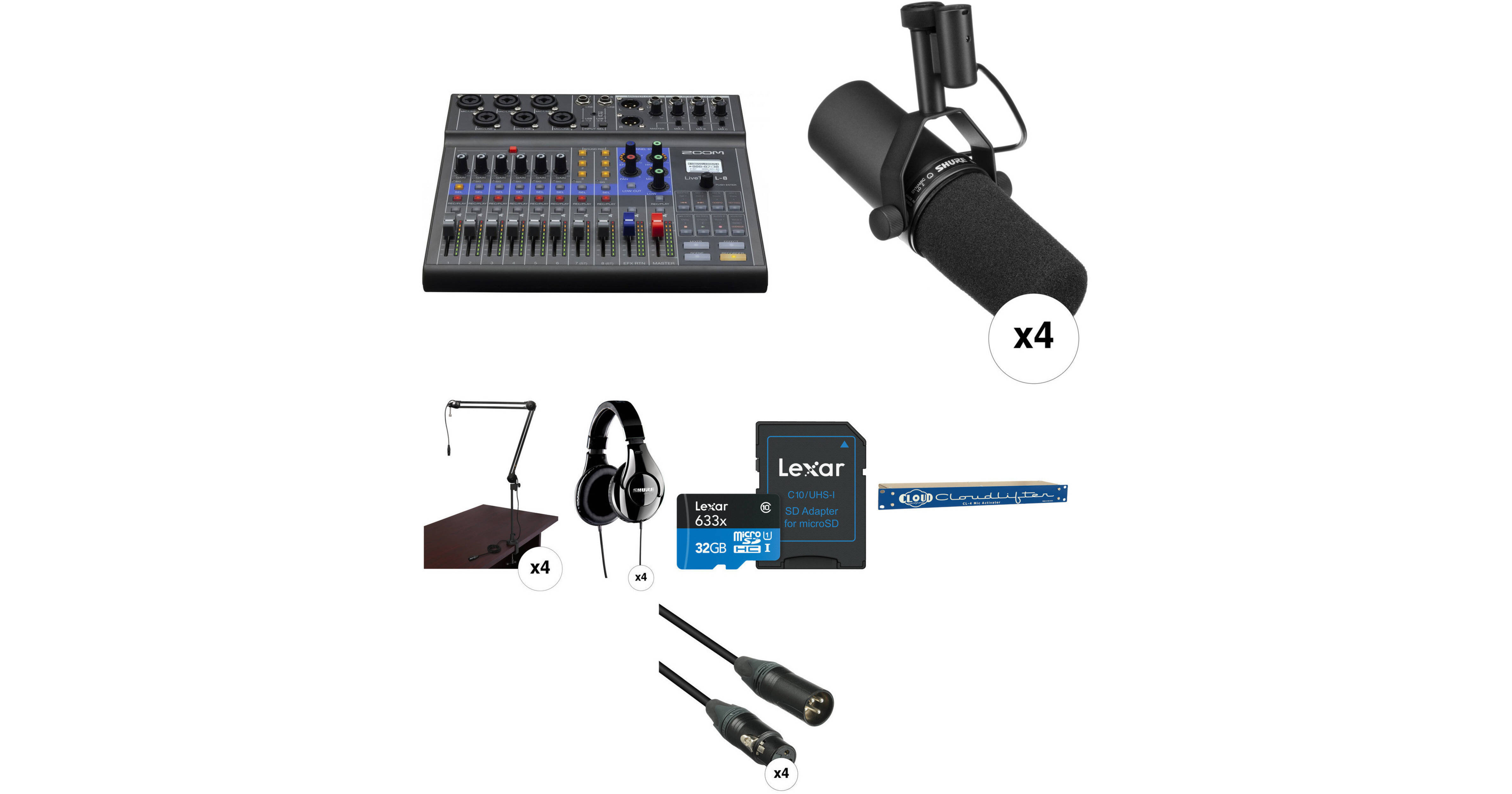 Zoom LiveTrak L-8 Four-Person Podcast Kit with Shure SM7B
