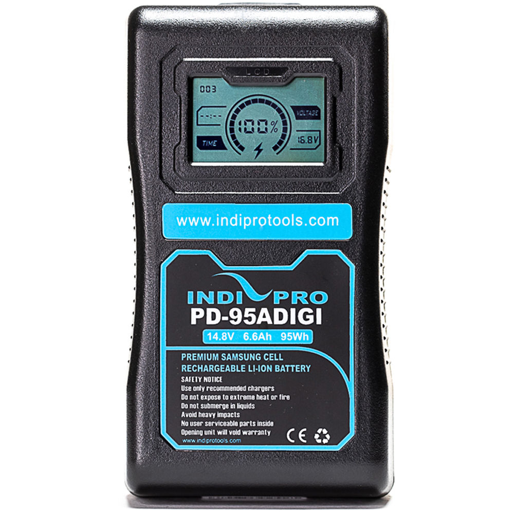 IndiPRO Compact 95Wh V-Mount Battery - 14.8V, 10A Draw, D-Tap Output, For Cameras & Lights