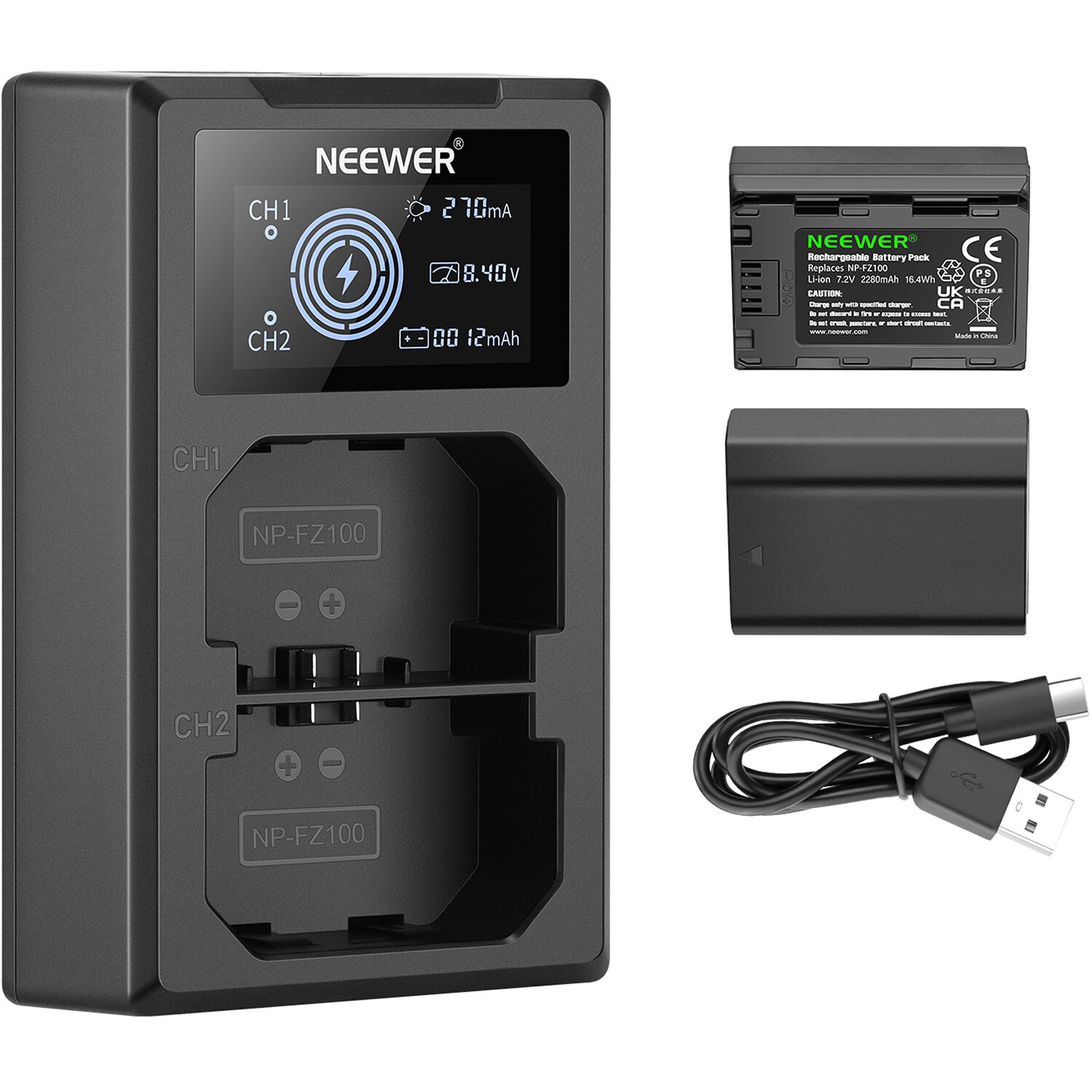 NEEWER Batterij USB C naar NP-FZ100, uitgang 8,2 V, reservebatterij NP-FZ100, compatibel met Sony FX3 FX30 ZV-E1 A1 A6600 A6700 A7III A7IV A7C A7CII A7CR A7RIII A7RIV A7RV A7SISIII A9 A9 9II