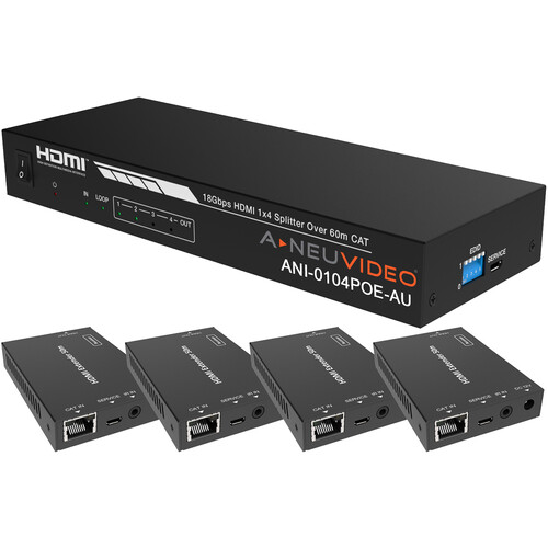A-Neuvideo 1 x 4 HDMI 4K60/10800p Cat 6 Extender Splitter with 4 Receivers