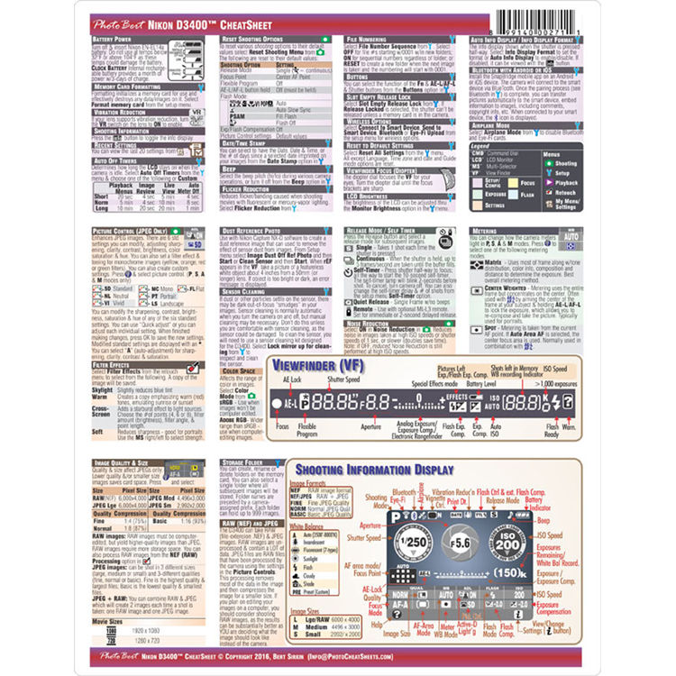 PhotoBert Cheat Sheet For Nikon D3400 DSLR Camera TC171 16 B H