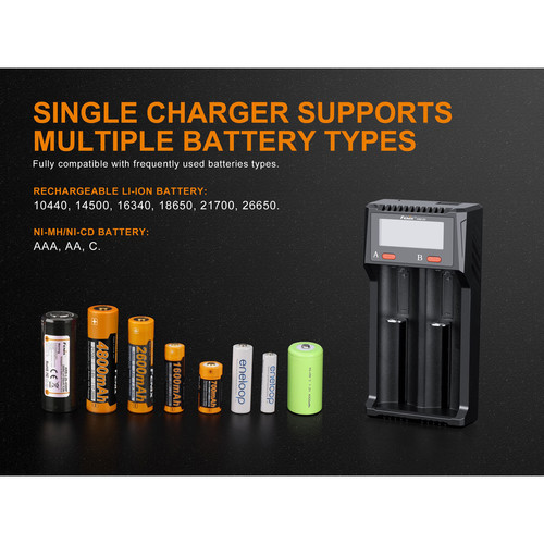 Fenix Are-A2 Two Way Digital Multiple Batteries 10440,14500,16340,18650, 21700, 26650, AA, AAA External, Adults Unisex, Multicolor (Multicolor), One
